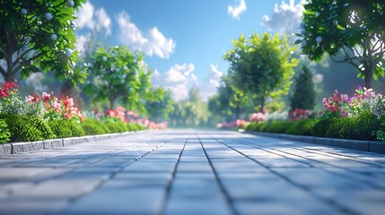 Aufkleber - Empty street at the nice and comfortable garden background with nice blue sky : Generative AI