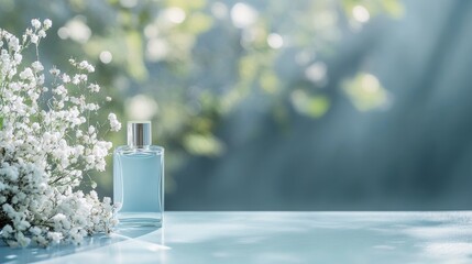 Aufkleber - Serene Morning Light on Minimalist Pale Blue Glass Table with Perfume and Flowers in a Tranquil Garden Atmosphere