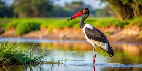 Large and distinctive Saddlebill Stork standing by a river, bird, wildlife, African, wading bird, water bird