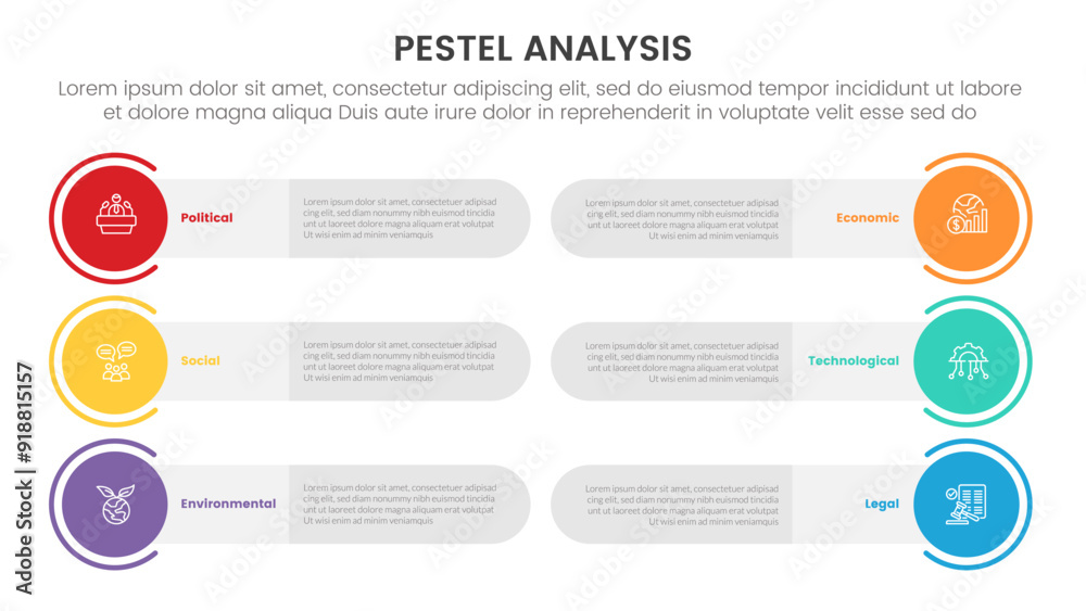 Variables Pivots pestel business analysis tool framework infographic with round ...