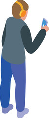 Poster - young man wearing headphones is watching a video on his smartphone in this isometric illustration