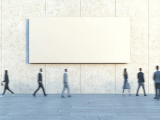 Poster - Contemporary Urban Wall Mockup with Motion Blur of Pedestrians - Daytime, Warm Atmosphere, Minimalist Ambiance