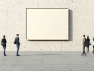 Poster - Contemporary Urban Scene with Blank Billboard on Beige Plaster Wall, Motion Blur of Passing People, Warm Serene Atmosphere, Morning Light