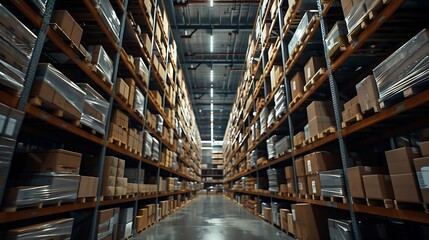 Aufkleber - Rows of shelves with boxes Interior of warehouse : Generative AI