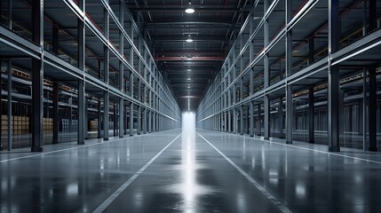 Aufkleber - Large storage warehouse There is a walkway in the middle between the shelves : Generative AI
