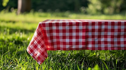 Poster - Red checkered tablecloth on grassempty space blank Food design advertisement template Picnic place Checked cloth Napking laying outdoor : Generative AI