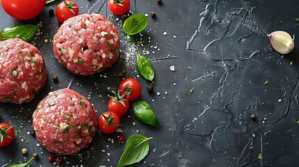 Raw Caul Fat Meatballs burger cutlets fresh meat Gray background Top view Copy space : Generative AI