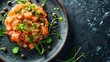 © Generative AI - Gourmet fish tartar raw from salmon and sea bream fillet Salmon and sea bream tartare with microgreens and capers Top view : Generative AI