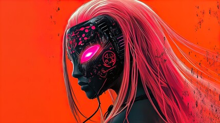 Unique Female Figure with Long Pink Hair and Glowing Eyes: Striking Poster Design for Modern Sports Interiors Against a Bold Orange Backdrop