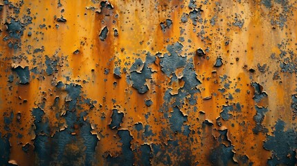 Poster - orange rust stains on weathered steel plate or top view yellow iron table and old brown metal wall from moisture to tetanus for dirty dark board background to red blue retro backdrop a : Generative AI