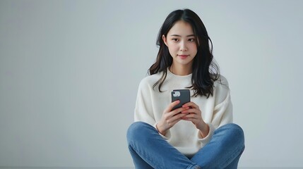 Aufkleber - Young beautiful Asian woman in casual clothes sitting on the floor and using her smartphone isolated white background chatting video call social media : Generative AI