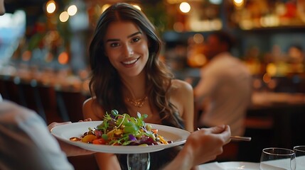 Horizontal image of male hand serving plate of vegetarian dinner in restaurant to a beautiful young woman : Generative AI