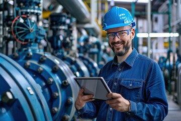 Male engineer in a blue helmet and uniform working in an industrial facility with a tablet.