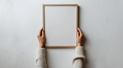 Poster - Cropped vertical view of woman hands hanging beige picture frame with copy space Female hold blank poster against white wall Art placard in room Concept of home decor : Generative AI