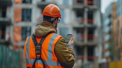 Poster - Construction engineer using mobile smart phone on site during inspection selective focus : Generative AI