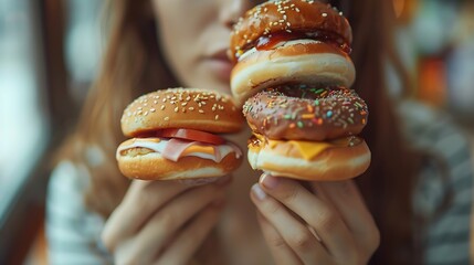 unhealthy woman eating fast food burgers fried chicken donuts and desserts binge eating disorder concept : Generative AI