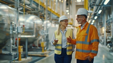 Leinwandbilder - Two Engineers Talking Walking Across Empty Factory Floor Inspecting Planning Where All the Machinery Would go Professionals Industrial Designers Strategizing about New Manufacturing Pl : Generative AI