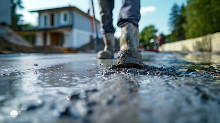 Poster - Man working on smoothing concrete driveway for the new home build at construction site Architecture and exterior structure base progress safety foundation pavement ground Real estate i : Generative AI