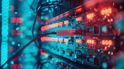 Poster - blur technology data center room defocus fiber optic cable and network router switch in data center room for background and wallpaper : Generative AI