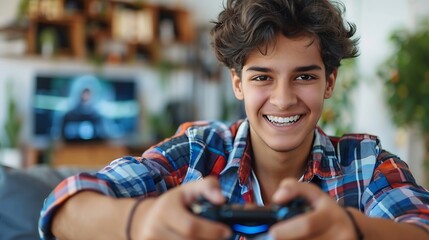 Wall Mural - Hispanic teenager playing video game holding controller pointing aside with hands open palms showing copy space presenting advertisement smiling excited happy : Generative AI