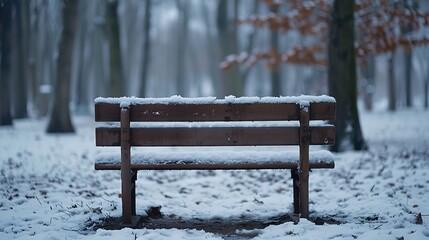 Poster - Bench covered with snow in frozen forest Empty bench in snowy park Winter weather Wooden bench in park in snowfall Peaceful winter nature Climate changes February landscape : Generative AI