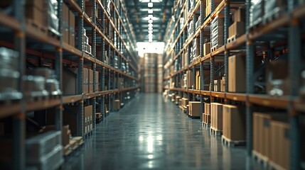 Aufkleber - Rows of shelves with boxes Interior of warehouse : Generative AI