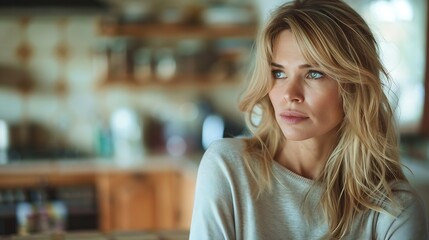 Pensive thoughtful woman with distressed mood stands in kitchen of home Anxiety fear Tired frustrated blonde woman feel bad looking sadly away Midlife crisis despair sadness negative e : Generative AI