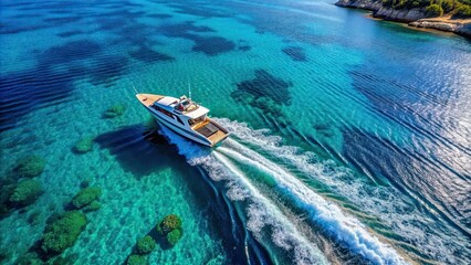 Aerial view of a fast boat on the blue Mediterranean sea, with sunny skies and crystal clear waters , vacation