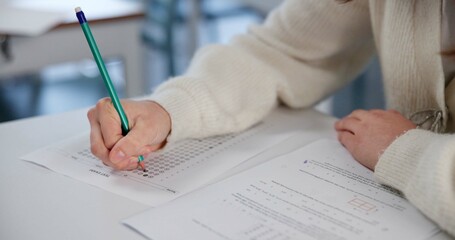Aufkleber - Education, exam and hands with test paper at desk and multiple choice assessment at school. Student, lesson or writing on document for answer, quiz or questionnaire in class for learning evaluation
