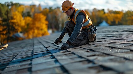Poster - Roofing on rooftop Builder roofer install new roof Construction worker roofing on a large roof apartment building development Roofer carpenter working on roof structure construction si : Generative AI