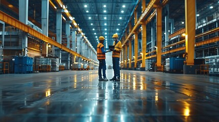 Poster - Industry 40 Modern Factory Two Engineers in Empty Warehouse Use Digital Tablet Computer with Augmented Reality Software For a Room Mapping Doing 3D Factory Floor Layout High Angle Shot : Generative AI