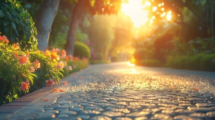 Poster - Empty street at the nice and comfortable garden at the morning with lovely beautiful sky : Generative AI