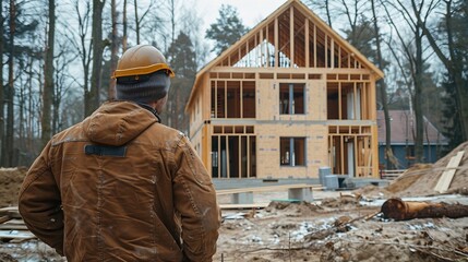 Poster - Worker building wooden twostory house near the forest Man in work clothes and hard hat reviewing the construction plan The aim is to implement modern environmentallyfriendly constructi : Generative AI