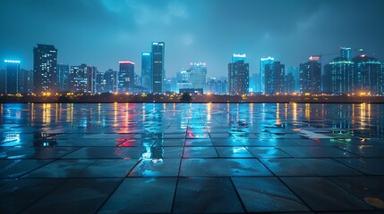 Poster - Empty square floors and city skyline with buildings in Zhoushan at night Zhejiang China : Generative AI