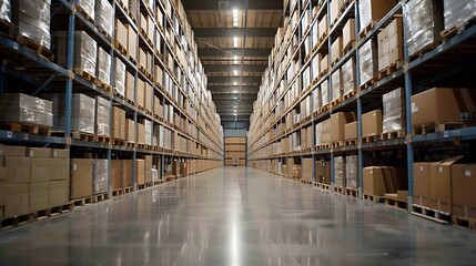 Aufkleber - Rows of shelves with boxes in the factory warehouse A perfectly white clean warehouse Smooth boxes Sample Structured warehouse : Generative AI