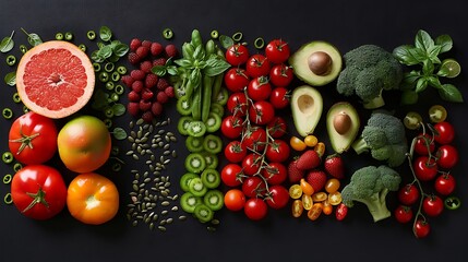 Wall Mural - Fresh vegetables fruits and seeds on black table flat lay : Generative AI