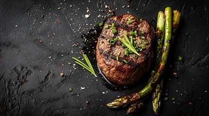 Poster - Grilled Fillet Mignon Steak with roasted asparagus Black background Top view Copy space : Generative AI