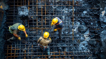 Poster - Construction workers during installation of steel gratings for the foundation of a building in the city of Sao Paulo Brazil : Generative AI