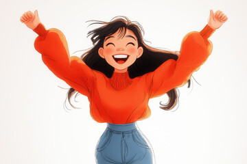 Happy smile laughing cartoon character young adult woman person portrait jumping with hands up in 3d style design on white background. Human people feelings expression concept