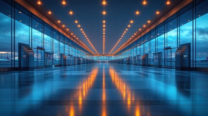 Wall Mural - Wide view of a modern airport terminal with organized boarding gates and clear signage, space for text, [convenient airport experience], [ease of boarding], Copy space for text, No logo, No