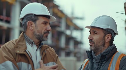 Aufkleber - Engineer and foreman worker checking project at precast factory site Engineer and builders in hardhats discussing on construction site : Generative AI