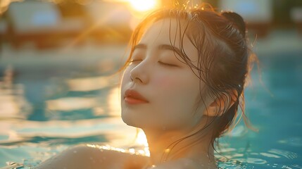 Wall Mural - Retreat and vacation Portrait beautiful young asian woman enjoying around outdoor swimming pool in hotel resort Attractive girl relax in summer season : Generative AI