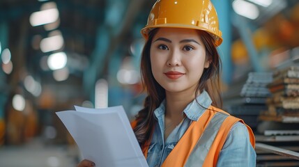 Aufkleber - Asian woman engineer holding document smiling at construction site Confident female Indian wearing protective helmet and vest working in factory making precast concrete wall for real e : Generative AI
