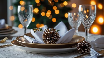 Wall Mural - Christmas or New Year table setting. Place setting for Christmas Dinner. Holiday Decorations