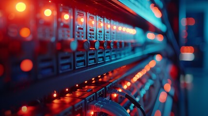 Poster - blur technology data center room defocus fiber optic cable and network router switch in data center room for background and wallpaper : Generative AI