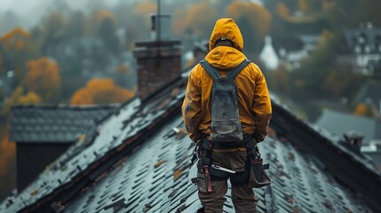 Poster - Repair and replacement of the old roof with a new one Construction worker in protective clothing standing on roof with tools : Generative AI