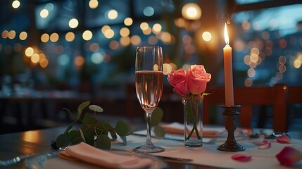 Poster - Candlelight date in restaurant Champagne glasses bouquet flowers Romantic dinner setup at night Table setting for couple Valentines Day evening burning candles for surprise marriage pr : Generative AI