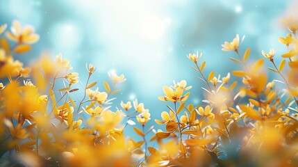 Canvas Print - blurred idyllic springtime landscape blue sky and flower meadow under the leaf branch a carpet of yellow cheerful blossoms blurred spring background : Generative AI