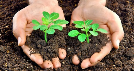 close up of two small plants growing in the hands of a person. the plants are surrounded by rich soi