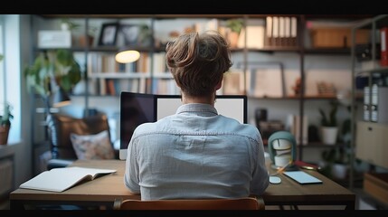 Poster - Rear view of young man sitting at his workspace and using smartphone Blank screen for graphics display montage : Generative AI